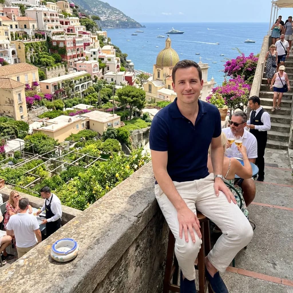 Sample AI dating photo — Positano cliffside cafe