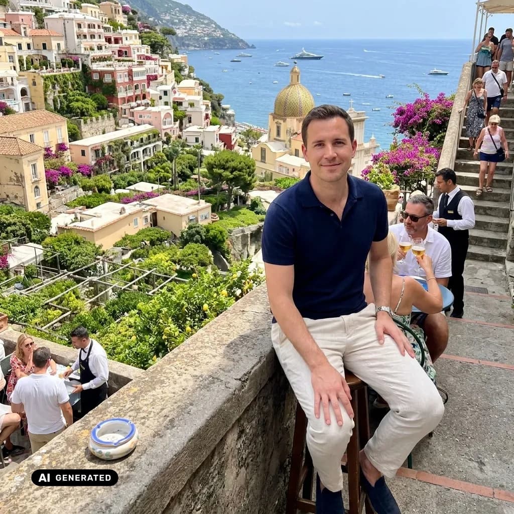Sample AI dating photo — Positano cliffside cafe — AI-generated