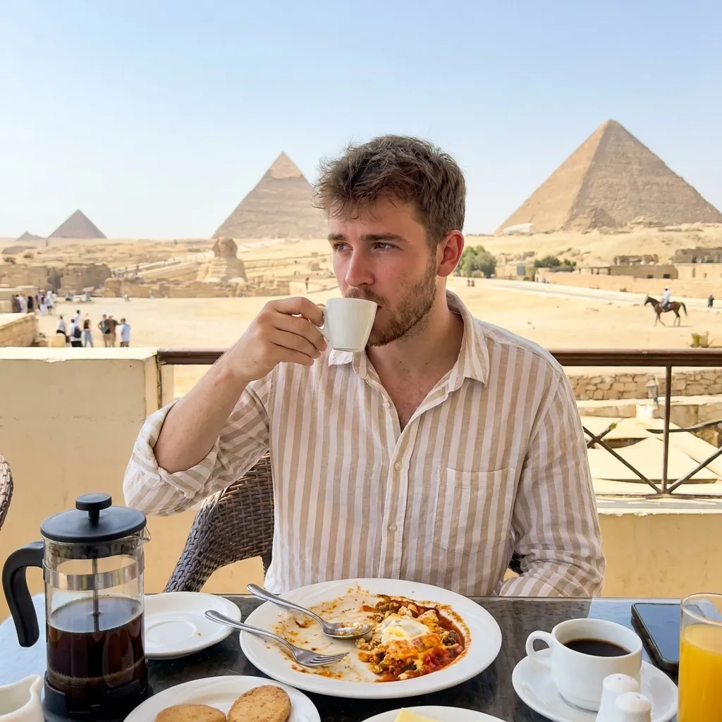 Sample AI dating photo — breakfast by the Pyramids