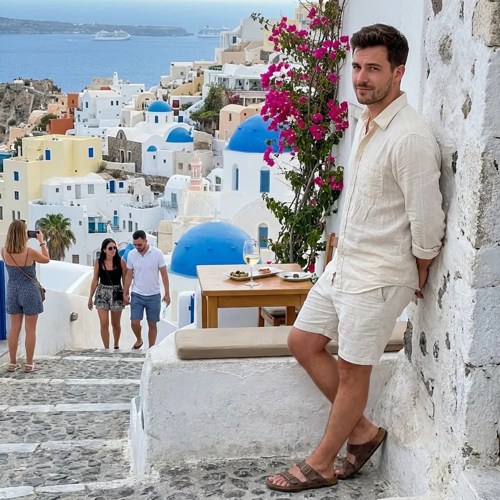 Sample AI dating photo — Santorini terrace