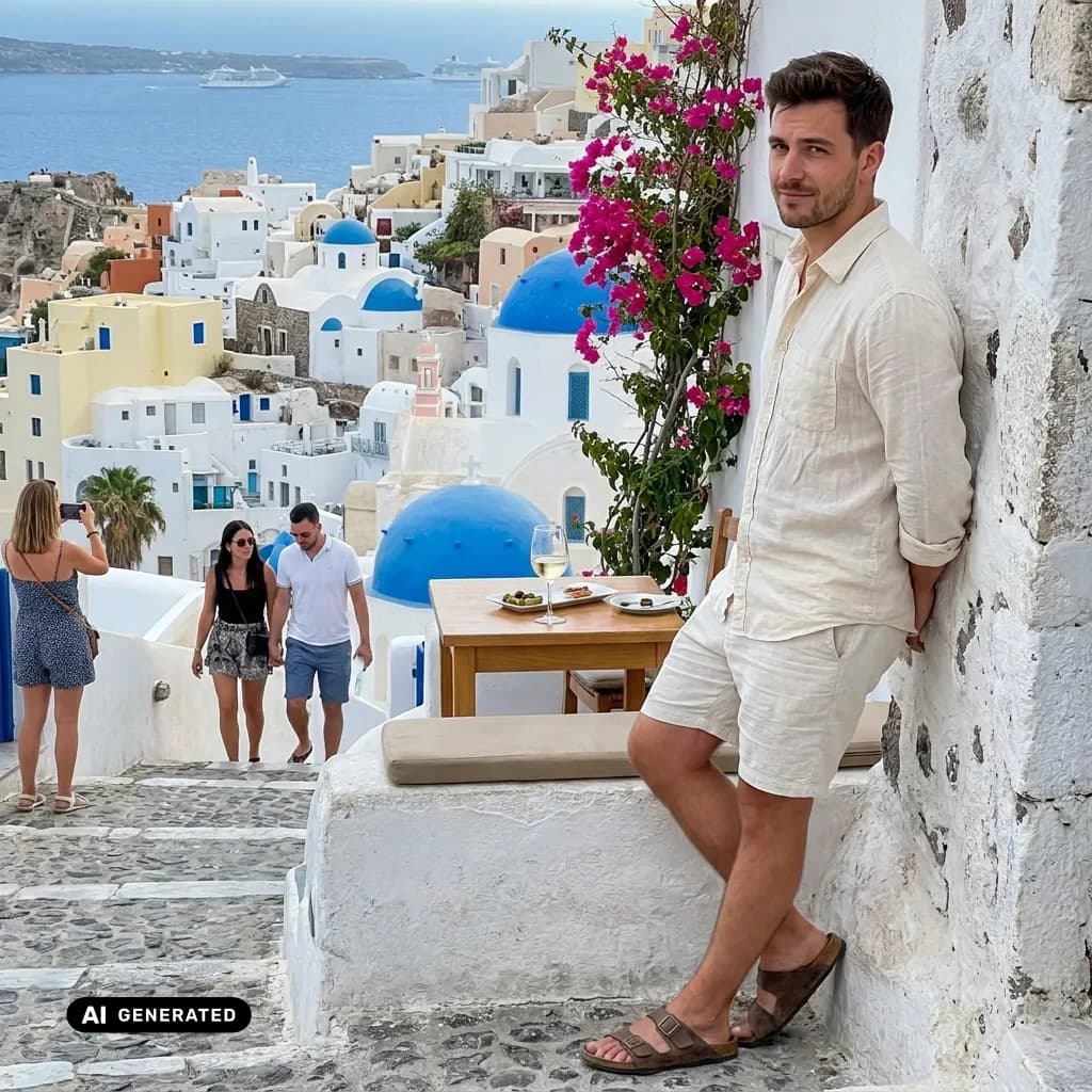 Sample AI dating photo — Santorini terrace — AI-generated