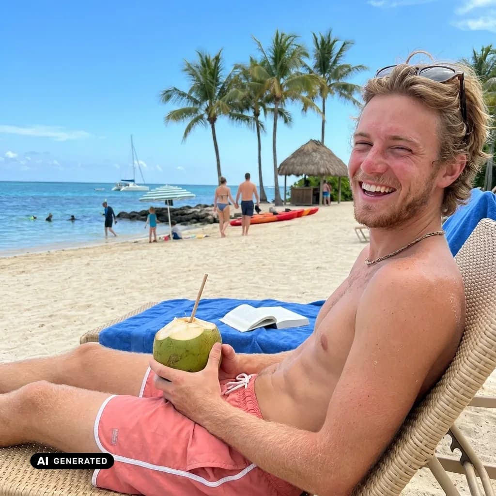 Sample AI dating photo — tropical beach — AI-generated