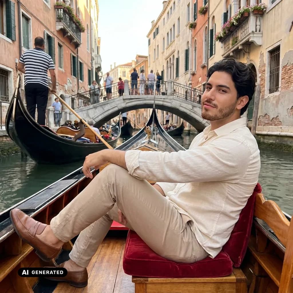 Sample AI dating photo — Venice gondola — AI-generated