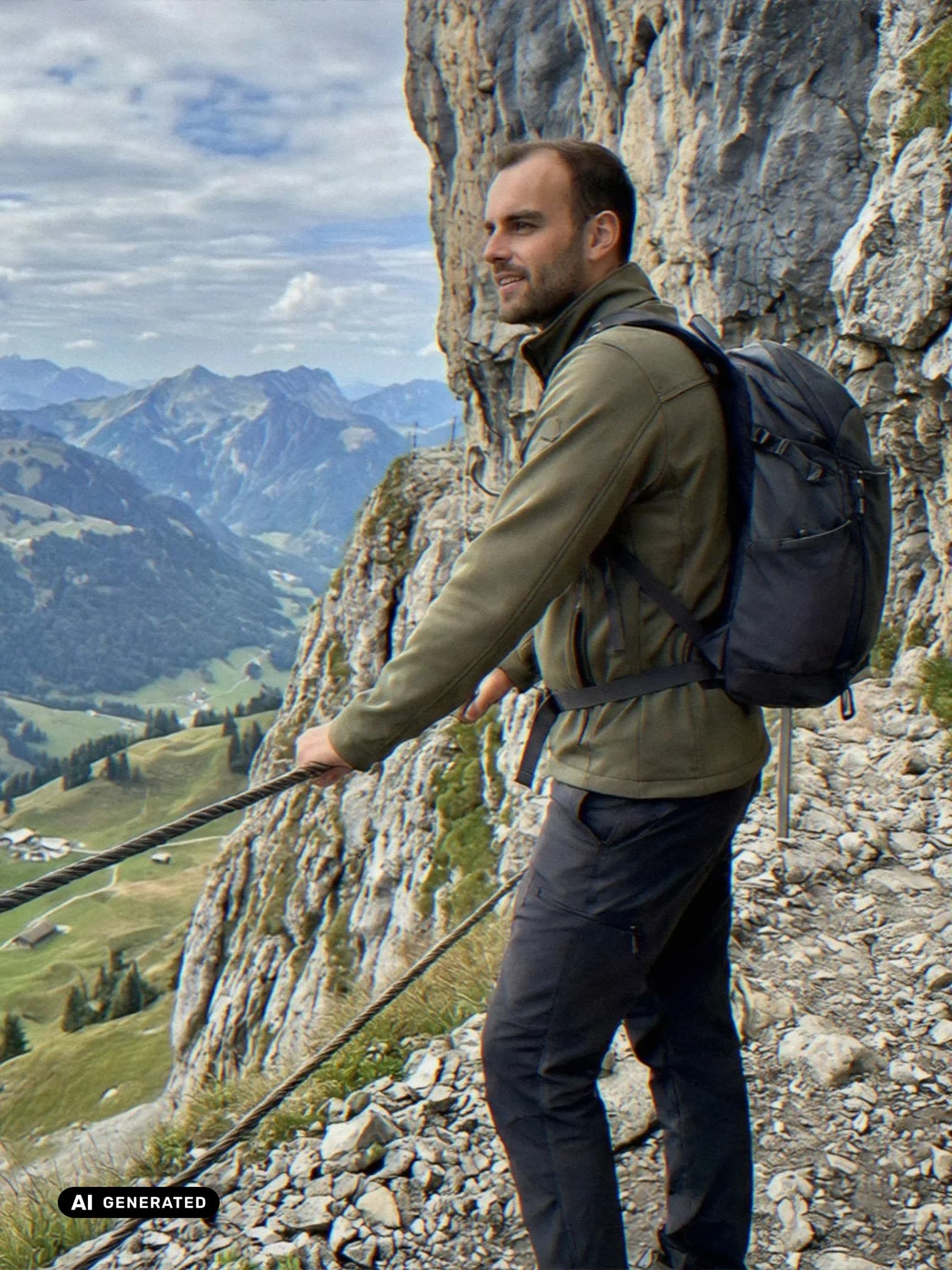 Sample AI dating photo — alpine cliff viewpoint — AI-generated