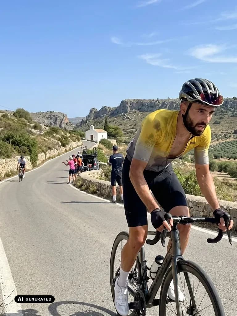 Sample AI dating photo — mountain road cycling — AI-generated