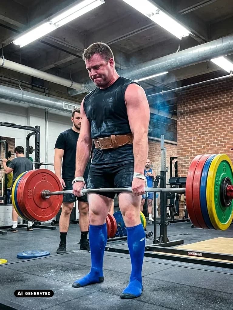 Sample AI dating photo — deadlift mid-pull — AI-generated