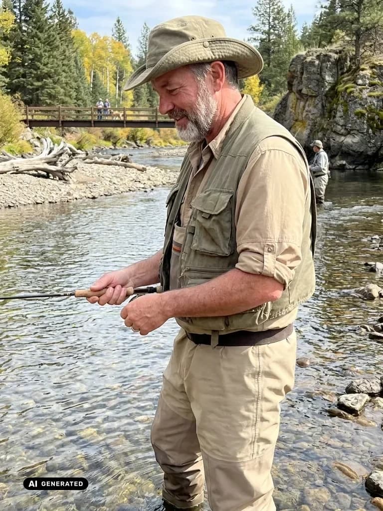 Sample AI dating photo — fly fishing the river — AI-generated