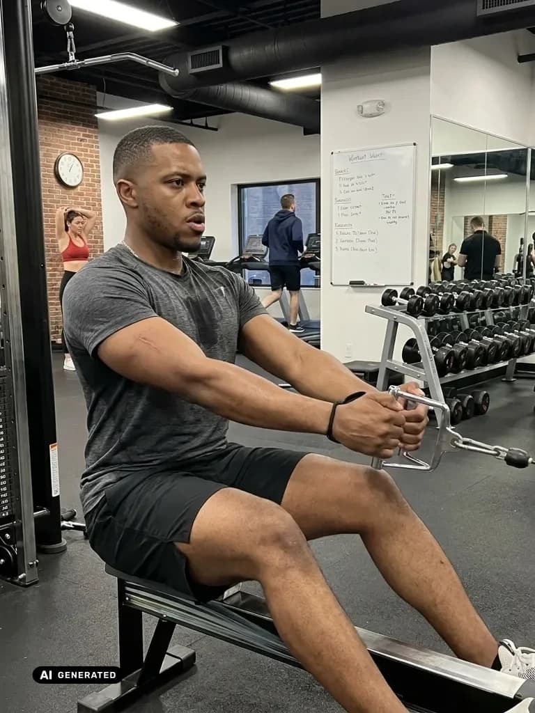 Sample AI dating photo — gym cable row — AI-generated