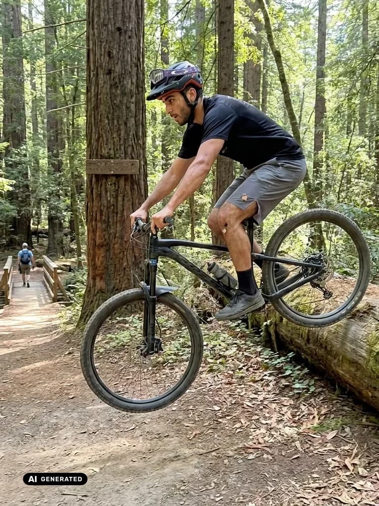 Sample AI dating photo — mountain biking — AI-generated