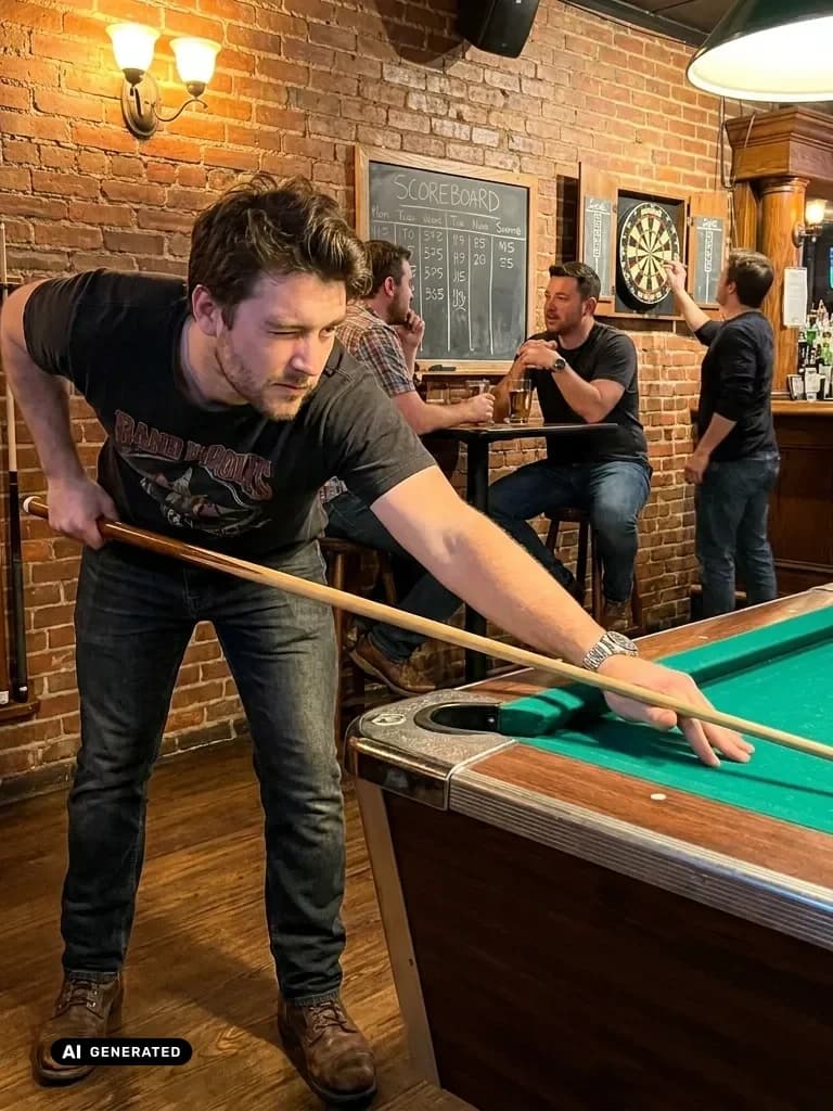 Sample AI dating photo — pool table at the pub — AI-generated