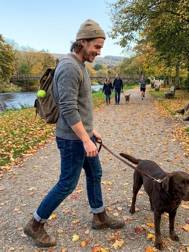 Ejemplo de foto de citas IA — paseo otoñal junto al río