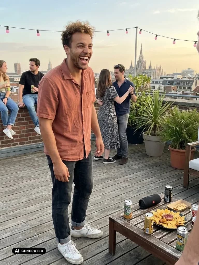 Sample AI dating photo — rooftop with friends — AI-generated