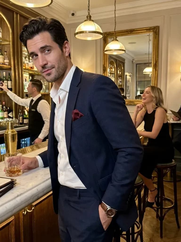 Ejemplo de foto de citas IA — suited at the hotel bar