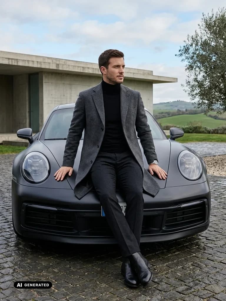 Sample AI dating photo — Porsche at the villa — AI-generated