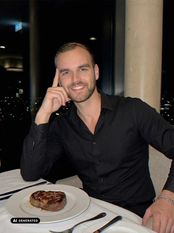 Sample AI dating photo — fine-dining restaurant — AI-generated