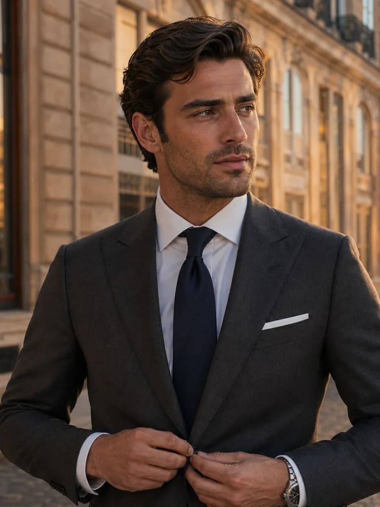 Ejemplo de foto de citas IA — thoughtful suit moment
