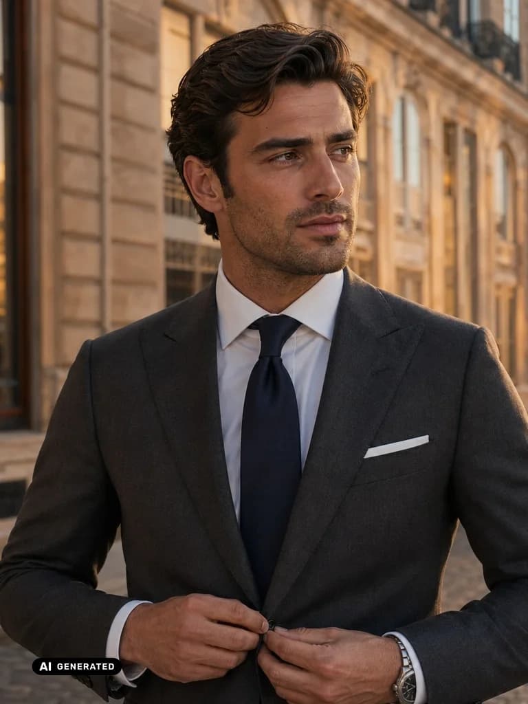 Sample AI dating photo — thoughtful suit moment — AI-generated