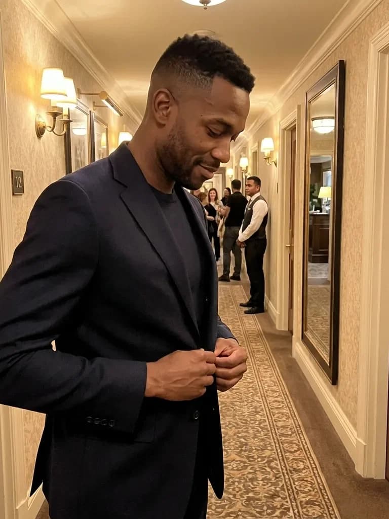 Ejemplo de foto de citas IA — abrochando la chaqueta del traje
