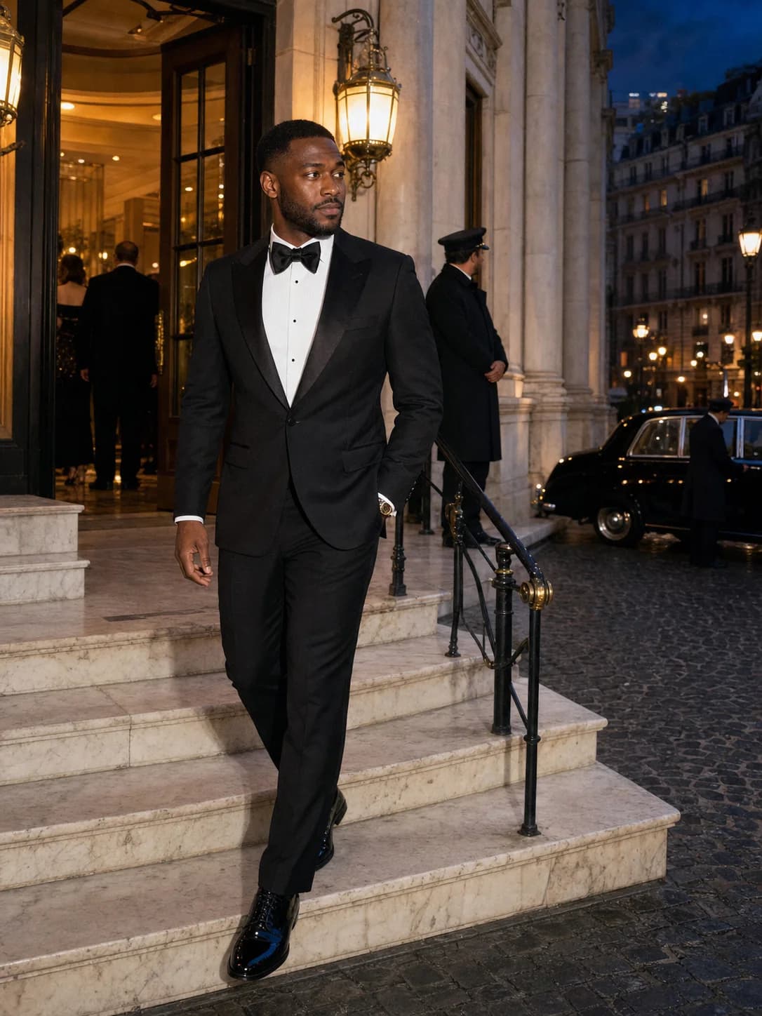 Ejemplo de foto de citas IA — tuxedo on venue steps