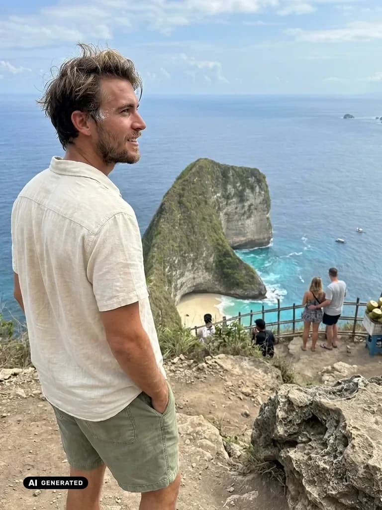Sample AI dating photo — Nusa Penida cliffs — AI-generated