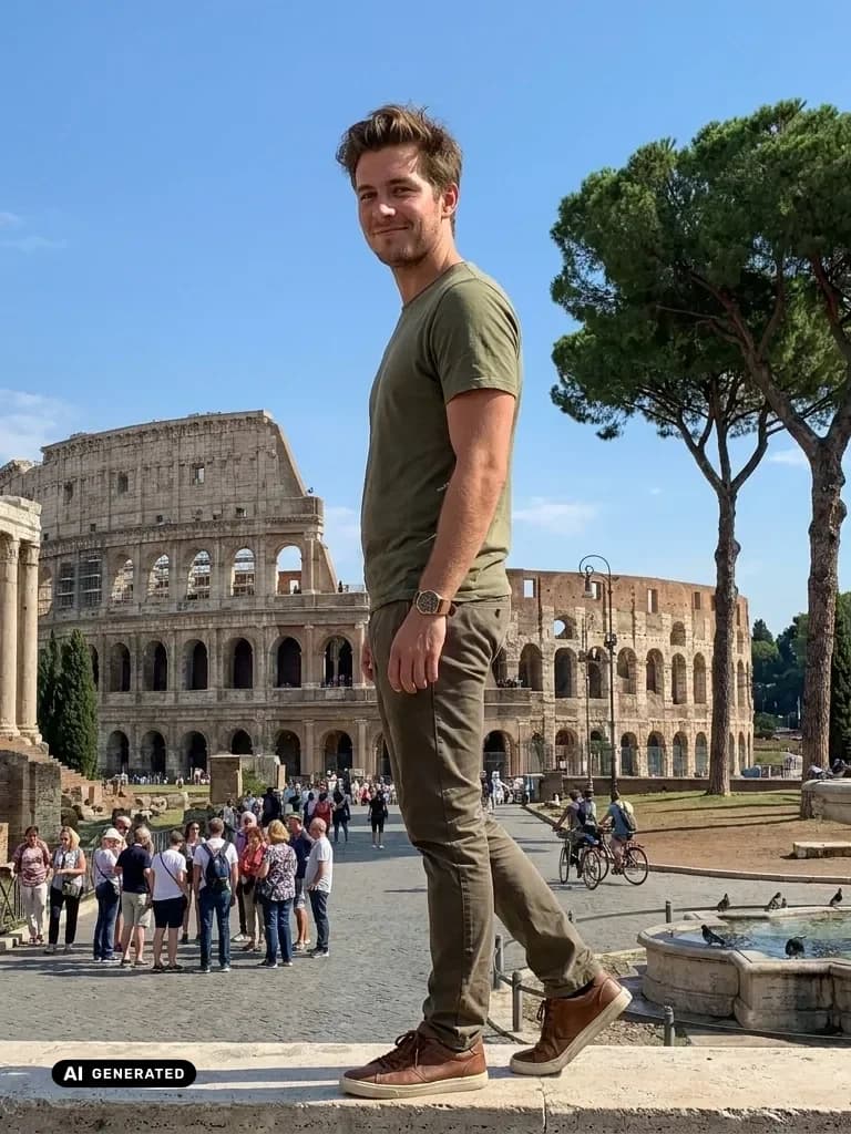 Sample AI dating photo — Rome Colosseum — AI-generated