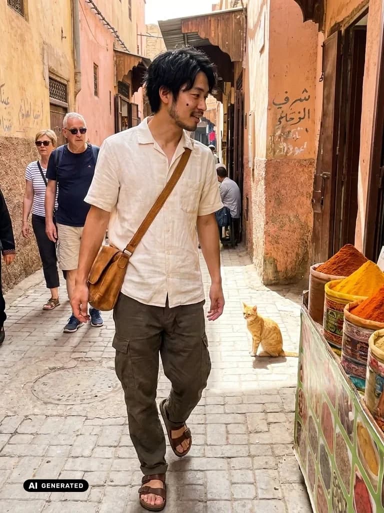 Sample AI dating photo — Marrakech medina — AI-generated