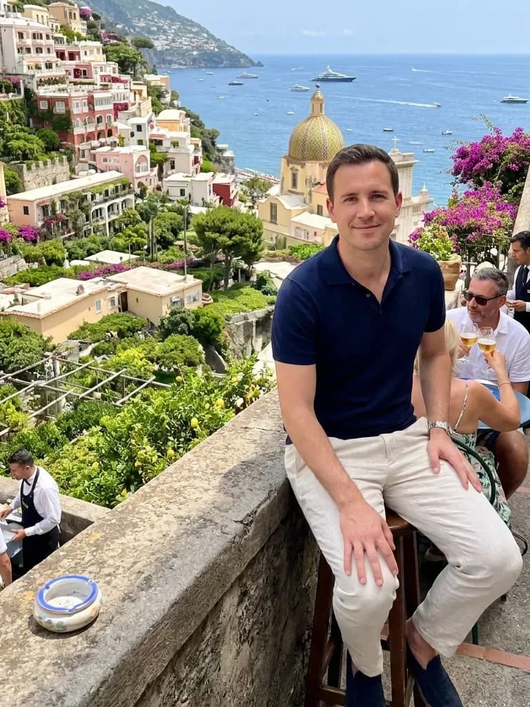 Ejemplo de foto de citas IA — café en los acantilados de Positano