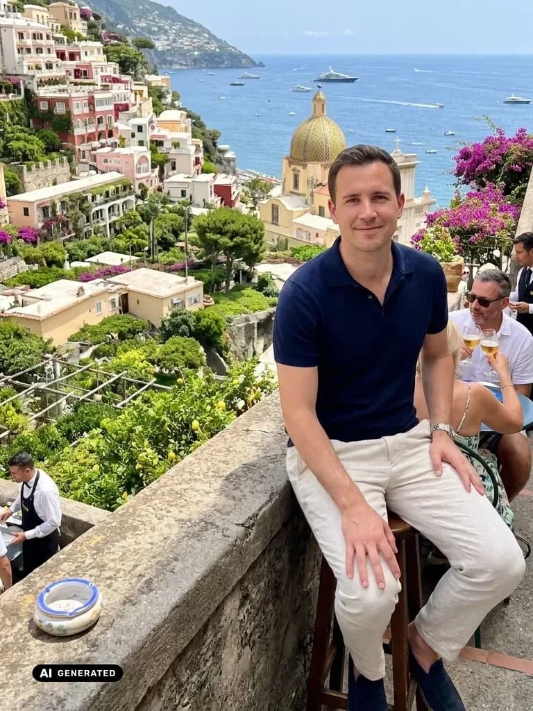 Sample AI dating photo — Positano cliffside cafe — AI-generated