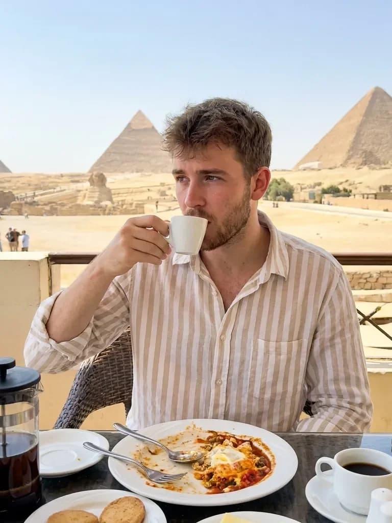 Ejemplo de foto de citas IA — desayuno junto a las Pirámides