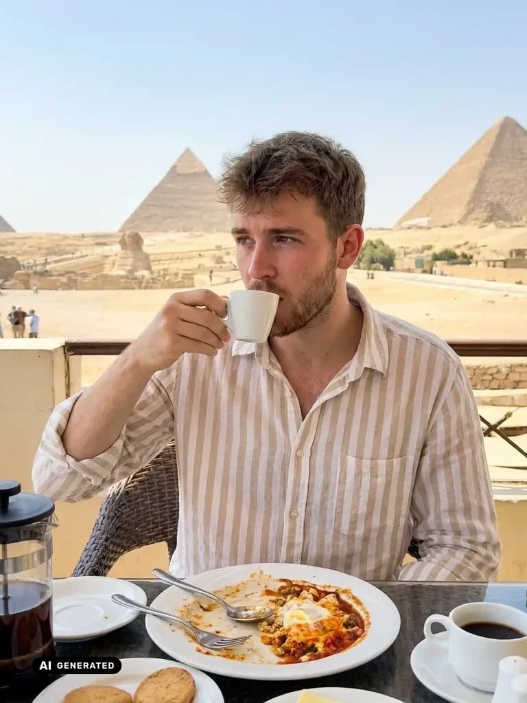 Sample AI dating photo — breakfast by the Pyramids — AI-generated