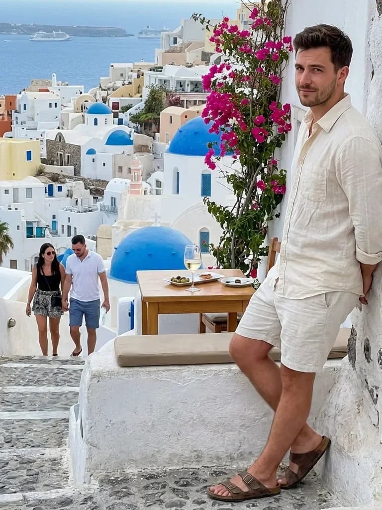 Ejemplo de foto de citas IA — terraza en Santorini