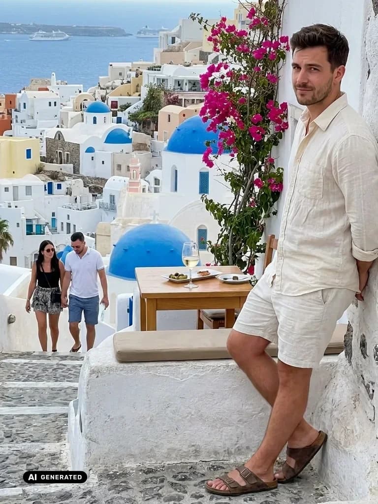 Sample AI dating photo — Santorini terrace — AI-generated