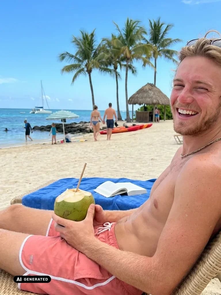 Sample AI dating photo — tropical beach — AI-generated