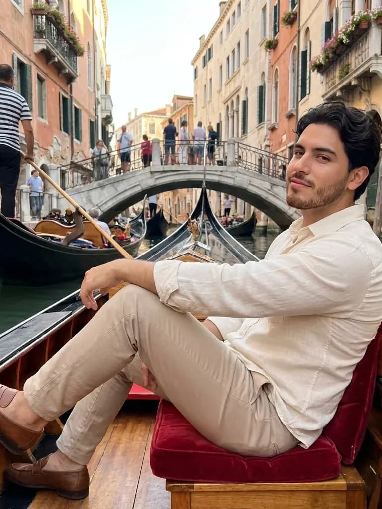 Ejemplo de foto de citas IA — Venecia en góndola